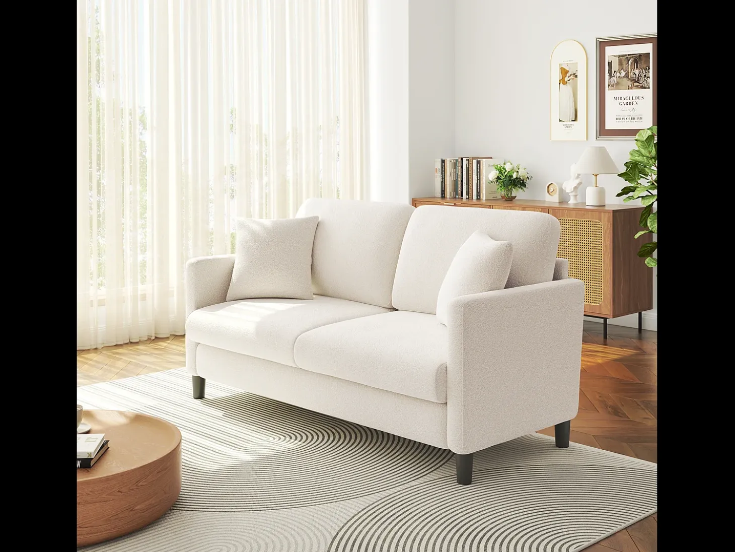 2/3 asientos en terciopelo de Teddy, sofá de comodidad correcta en madera maciza, loveseat con reposabrazos, 165x78x89cm, beige
