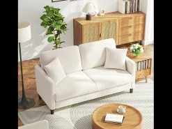 2/3 asientos en terciopelo de Teddy, sofá de comodidad correcta en madera maciza, loveseat con reposabrazos, 165x78x89cm, beige