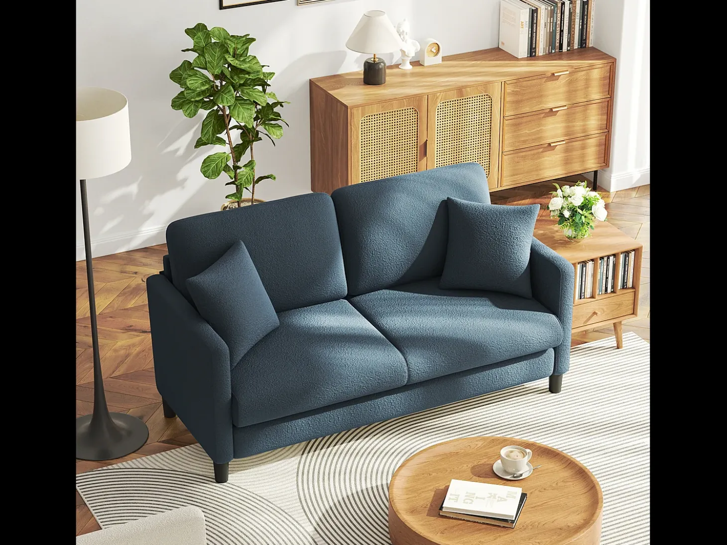 2/3 asientos en terciopelo de Teddy, sofá de comodidad correcta en madera maciza, loveseat con reposabrazos, 165x78x89cm, azul-gris