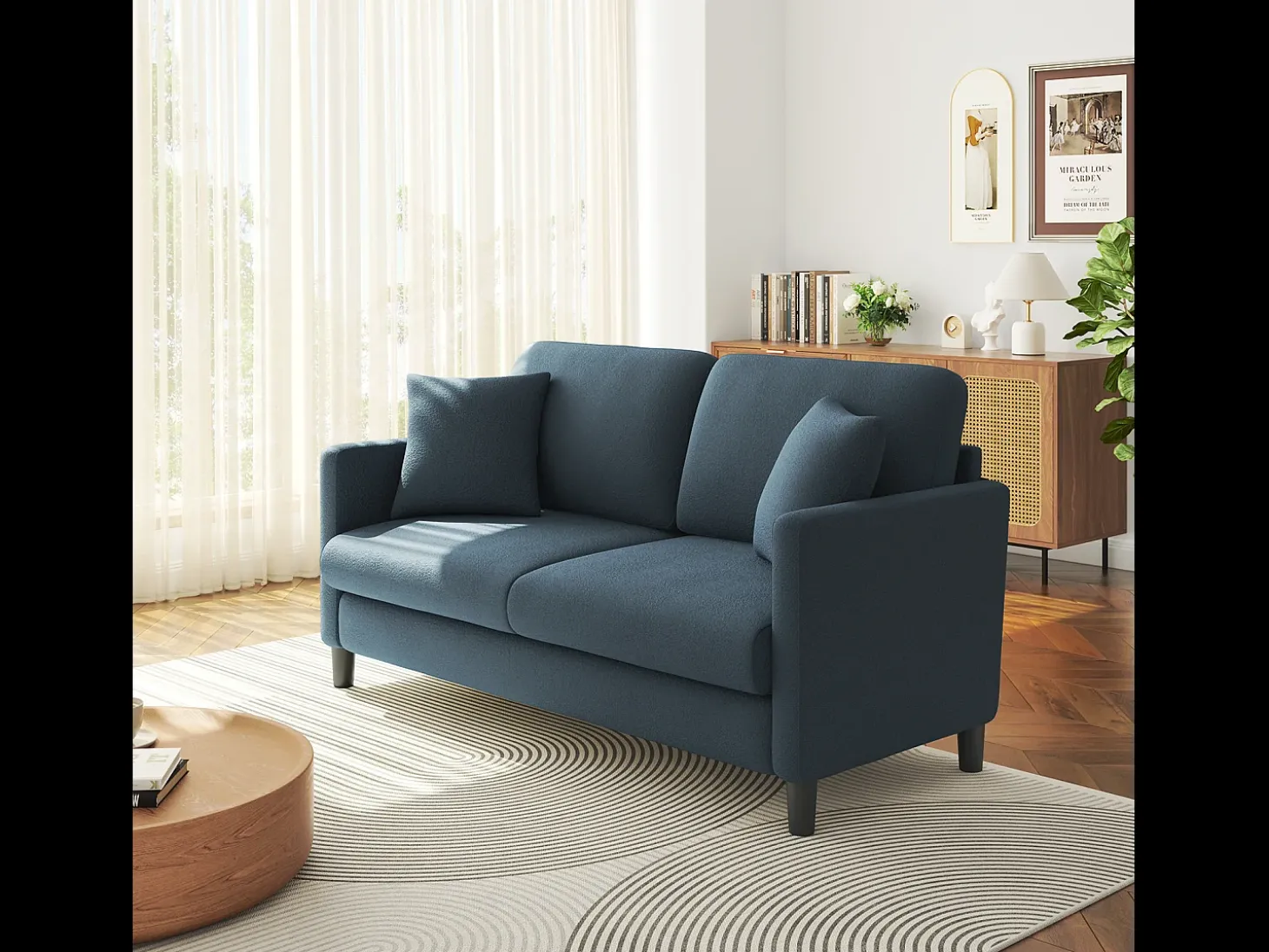 2/3 asientos en terciopelo de Teddy, sofá de comodidad correcta en madera maciza, loveseat con reposabrazos, 165x78x89cm, azul-gris