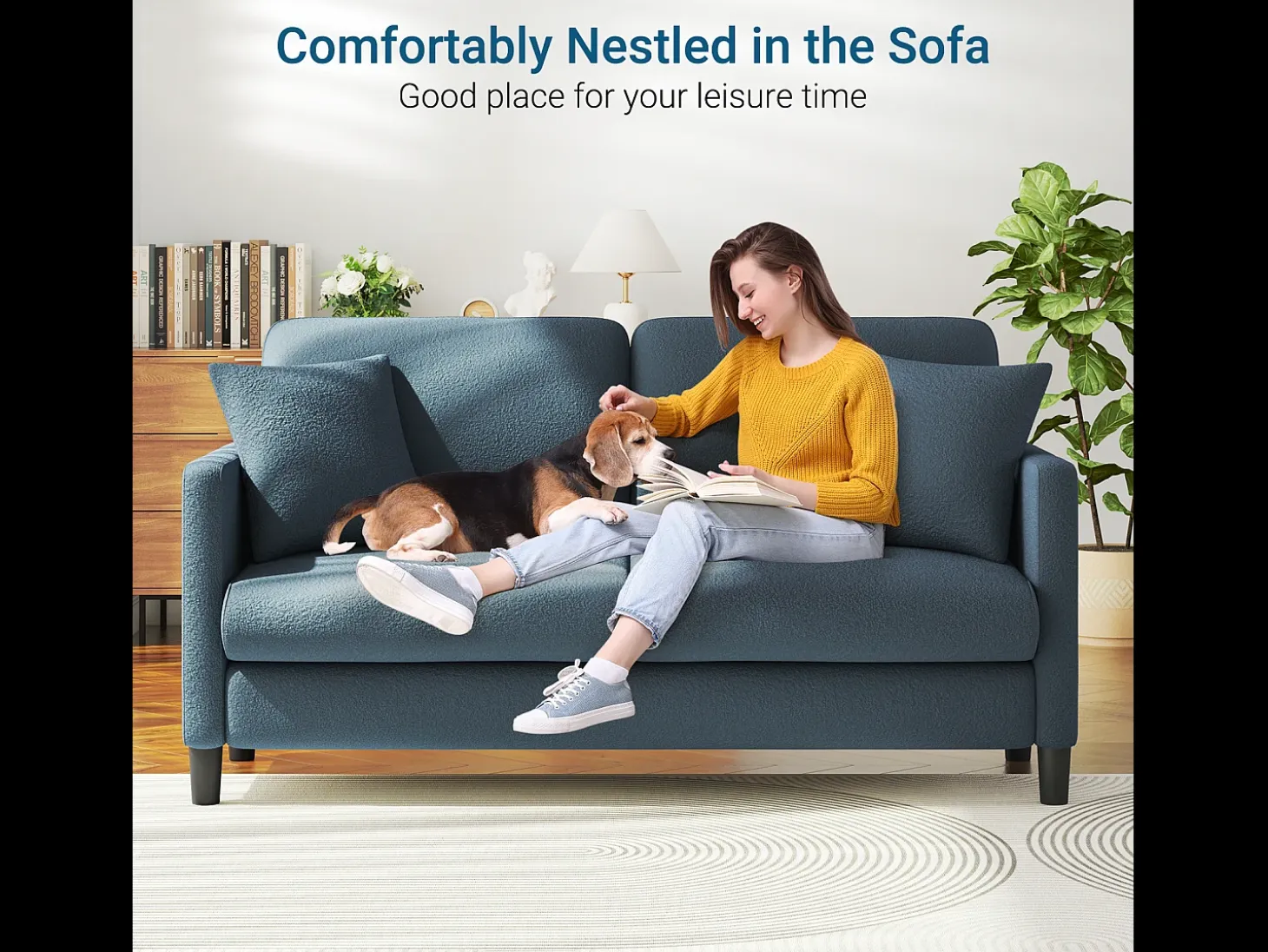 2/3 asientos en terciopelo de Teddy, sofá de comodidad correcta en madera maciza, loveseat con reposabrazos, 165x78x89cm, azul-gris
