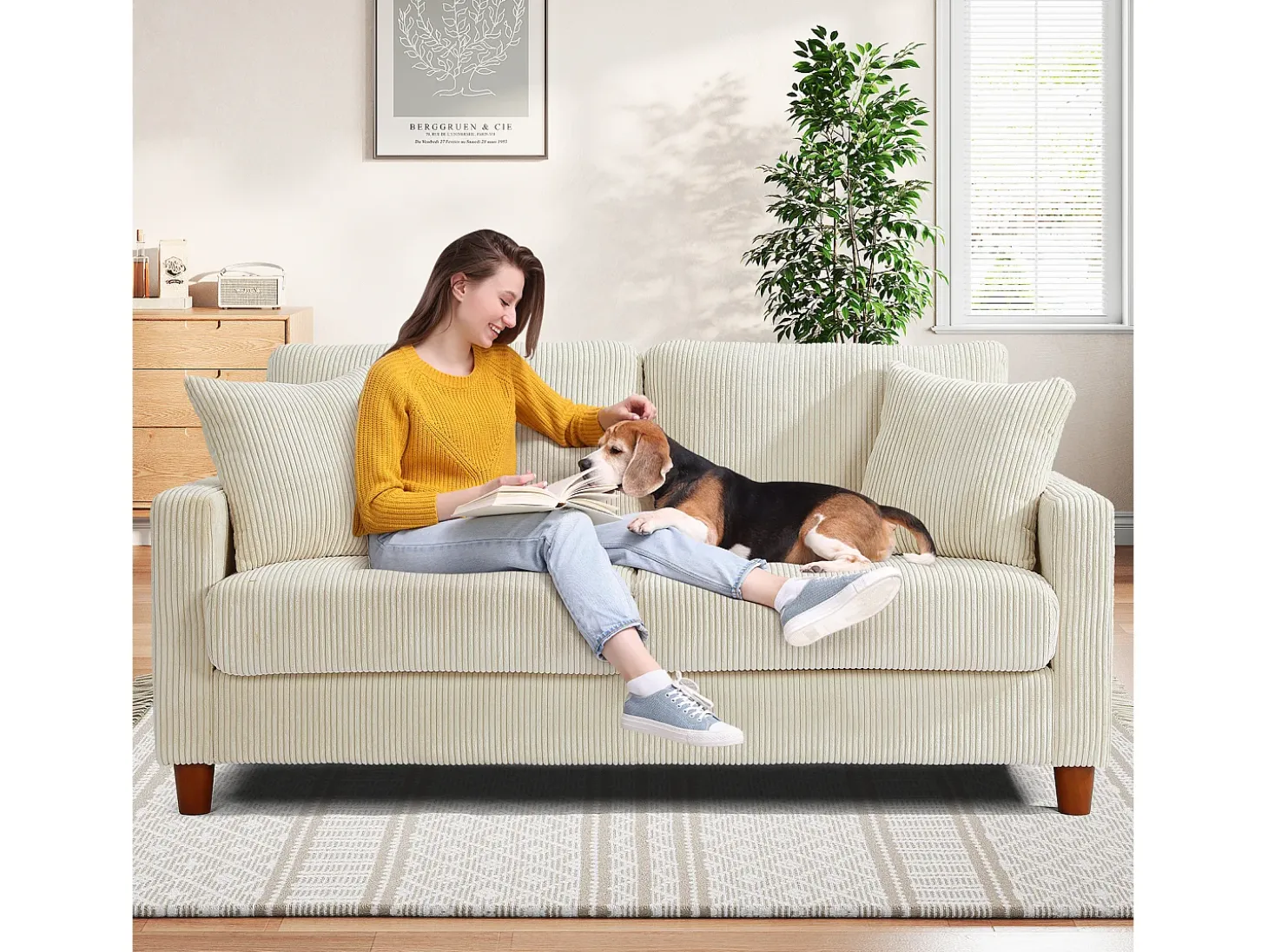 2 -Seater Velvet Sofa, con 2 cojines, asientos profundos de 56 cm, 178x76x89cm, beige