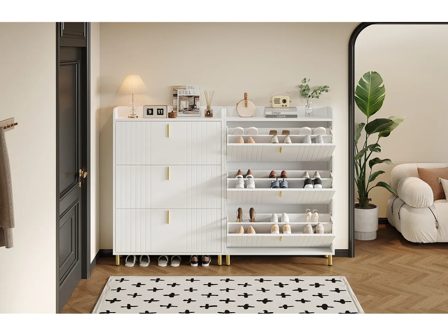 2 zapateros de 3 puertas - 2 x 80 x 23 x 123,5 cm - estante regulable con 6 compartimentos - MDF - blanco