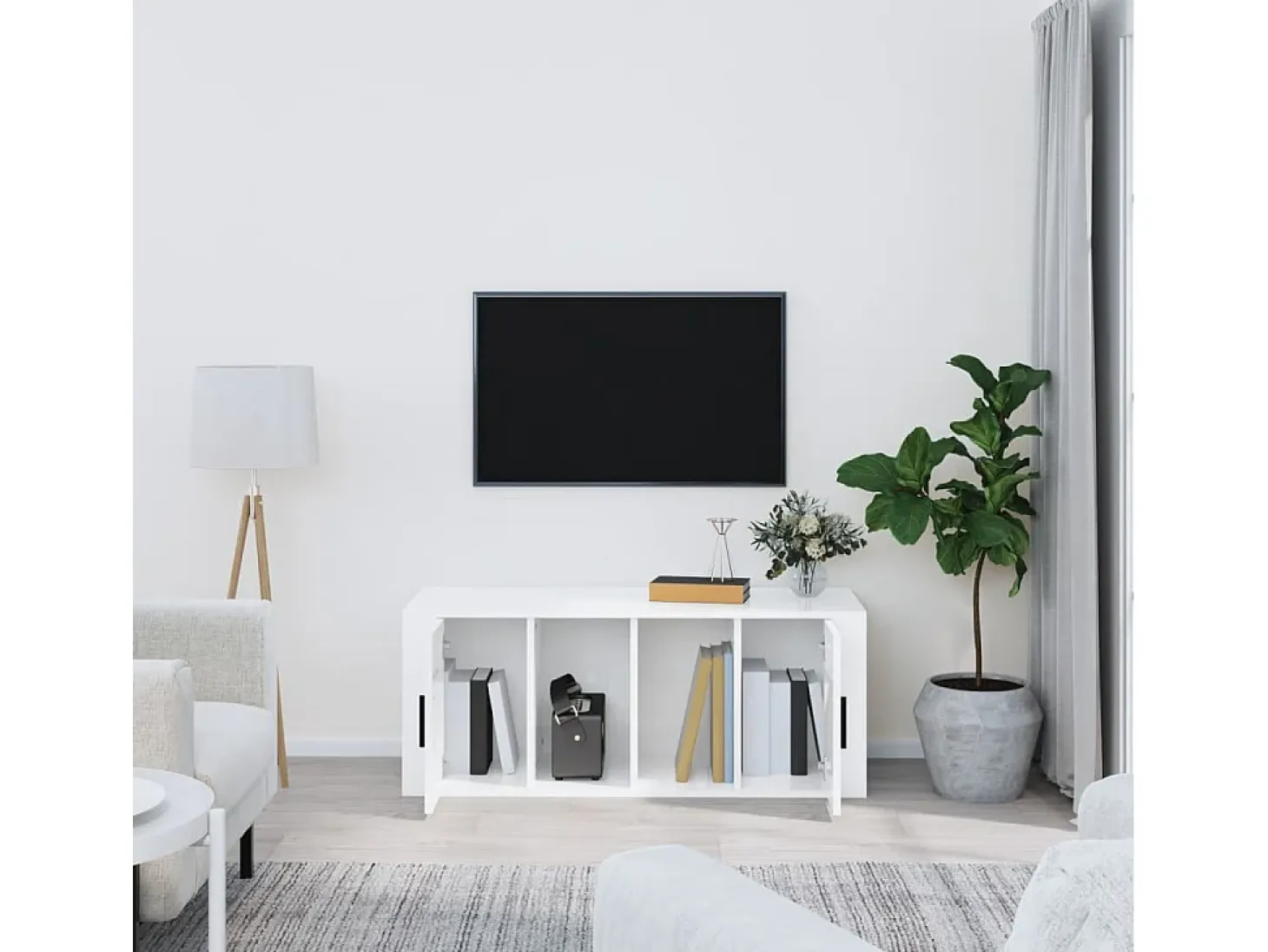 Alfinn Mueble de TV madera contrachapada blanco brillo 100x35x40 cm