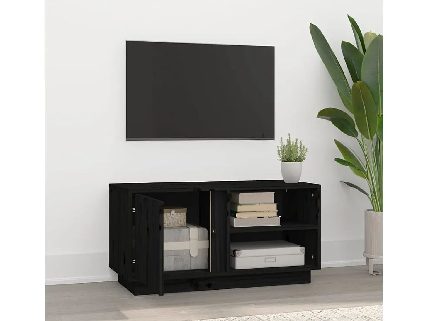 Anne-Suzanne Mueble de TV madera maciza de pino negro 80x35x40,5 cm