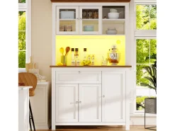 Aparador alto blanco - Aparador con 1 cajón y 5 puertas - Iluminación LED y almacenaje abierto - para cocina y salón