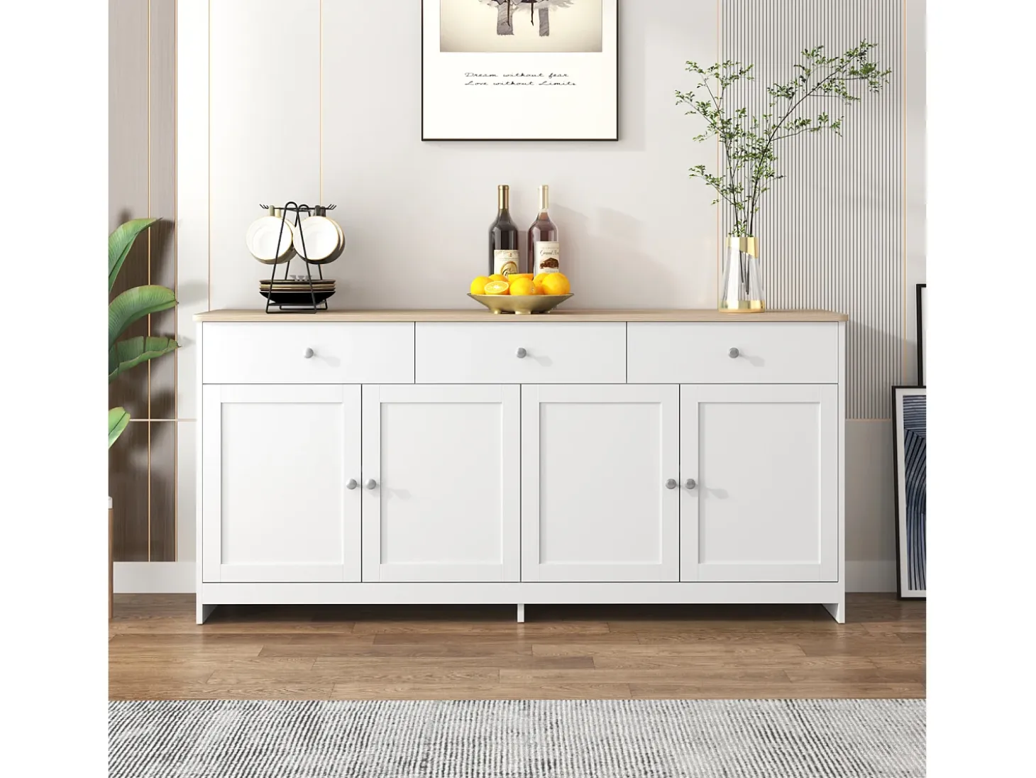 Aparador con veta de madera blanca, mueble de cocina con encimera, 160 x 37 x 75 cm, blanco