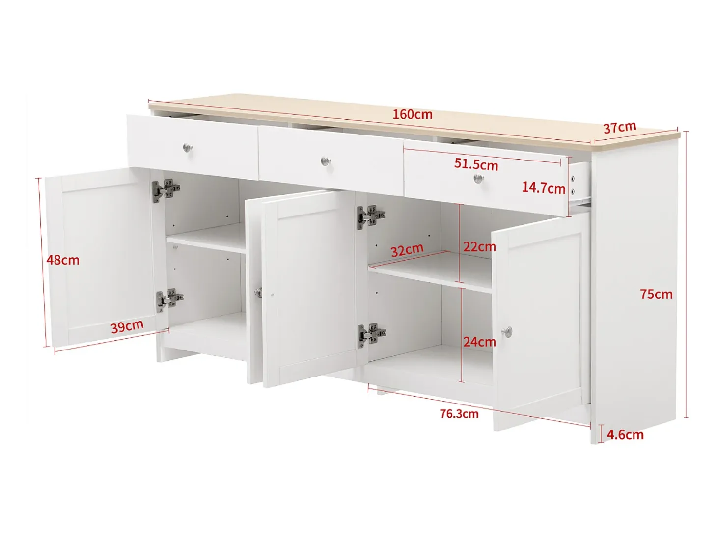 Aparador con veta de madera blanca, mueble de cocina con encimera, 160 x 37 x 75 cm, blanco