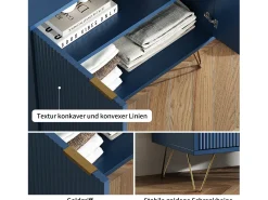 Aparador de dos puertas azul marino con patas doradas: diseño moderno y elegante.