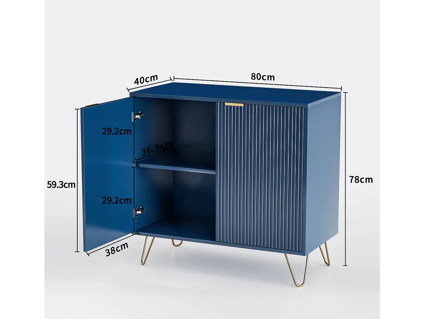 Aparador de dos puertas azul marino con patas doradas: diseño moderno y elegante.