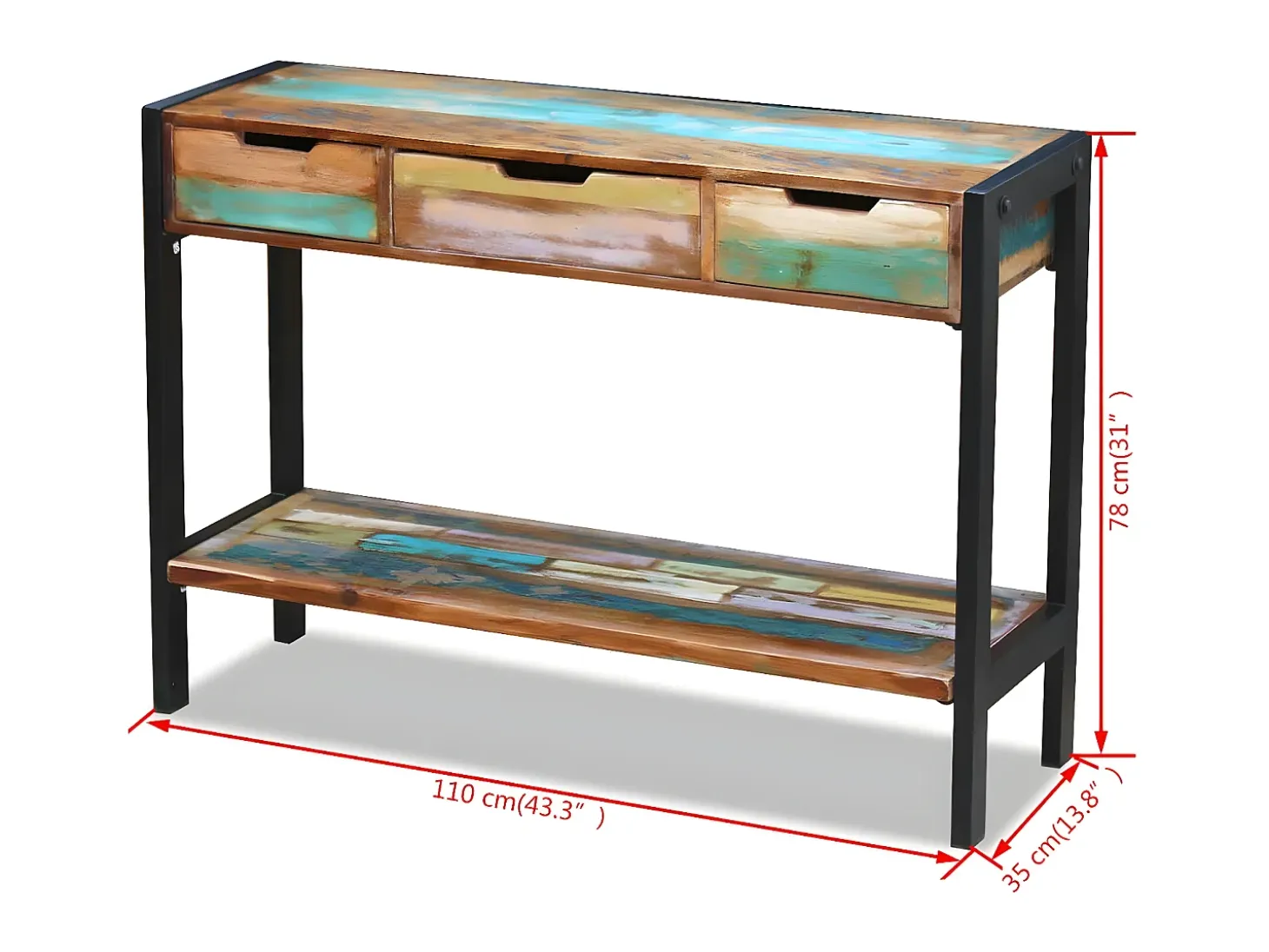 Aparador mesa consola armario auxiliar con 3 cajones de madera maciza reciclada 4402007