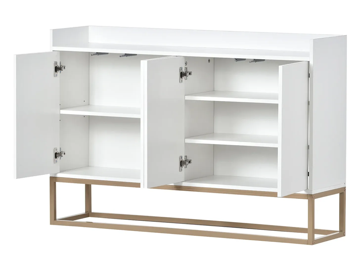 Aparador minimalista moderno de 120 cm con 4 puertas, estructura de metal y estantes ajustables – Blanco y dorado