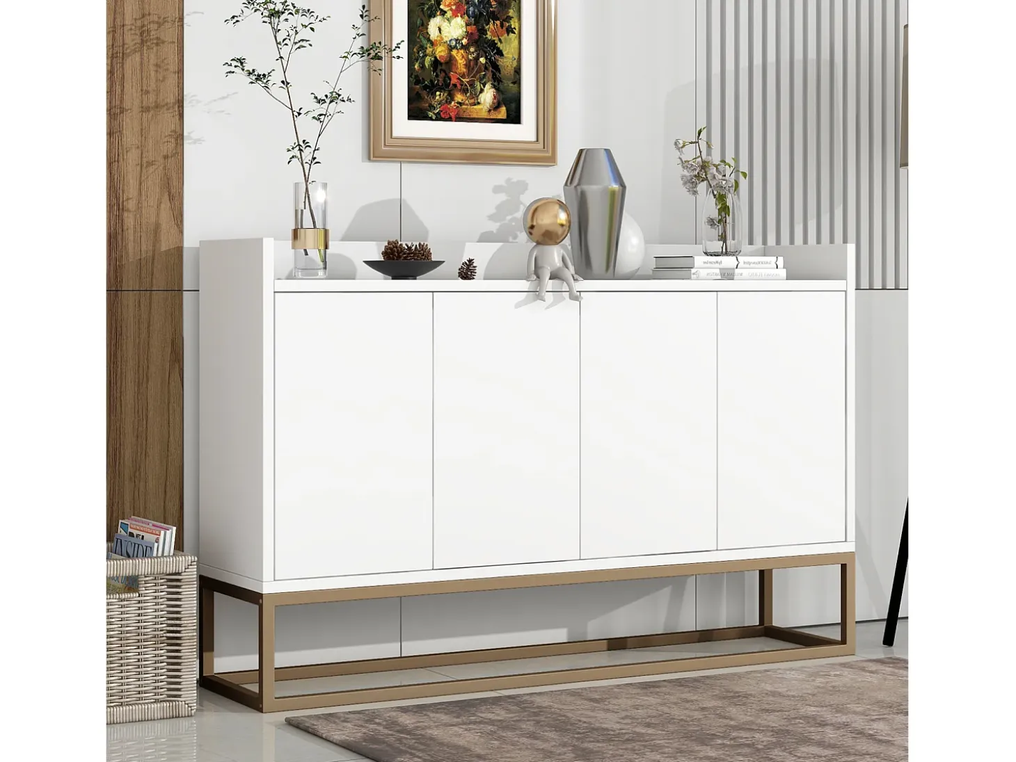 Aparador minimalista moderno de 120 cm con 4 puertas, estructura de metal y estantes ajustables – Blanco y dorado