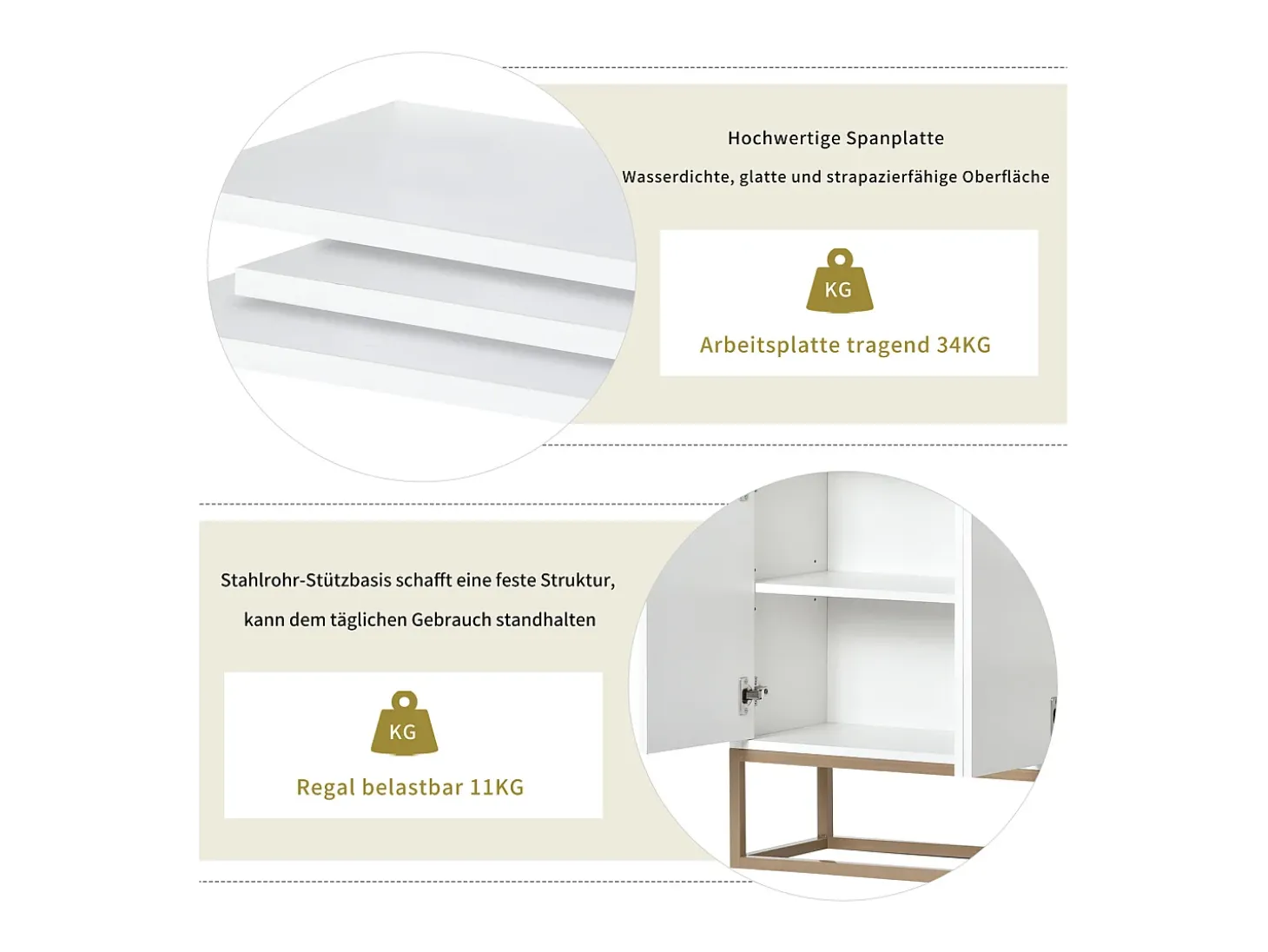 Aparador minimalista moderno de 120 cm con 4 puertas, estructura de metal y estantes ajustables – Blanco y dorado
