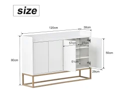 Aparador minimalista moderno de 120 cm con 4 puertas, estructura de metal y estantes ajustables – Blanco y dorado