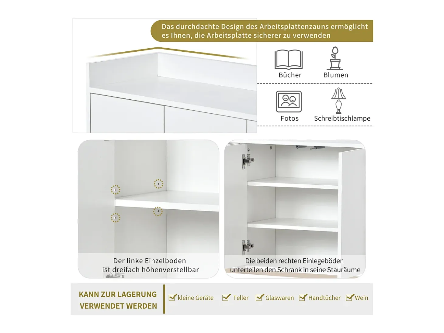 Aparador minimalista moderno de 120 cm con 4 puertas, estructura de metal y estantes ajustables – Blanco y dorado