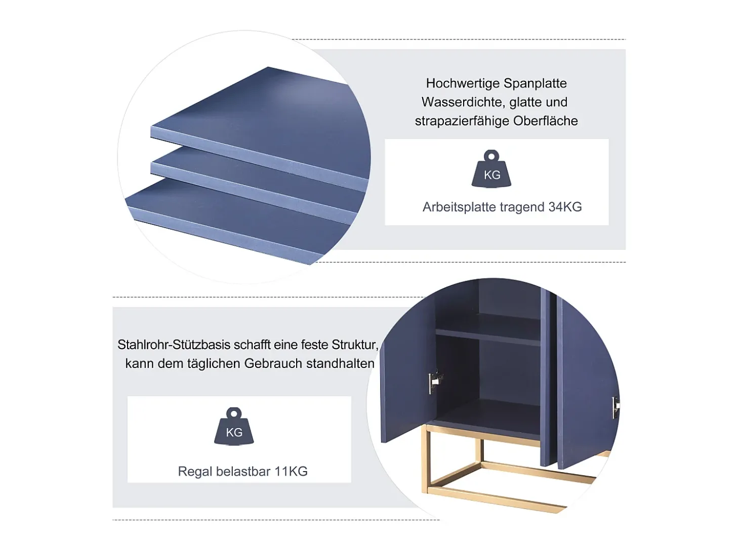 Aparador minimalista moderno de 120 cm con 4 puertas, estructura de metal y estantes ajustables – Azul y dorado