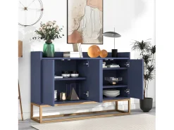 Aparador minimalista moderno de 120 cm con 4 puertas, estructura de metal y estantes ajustables – Azul y dorado
