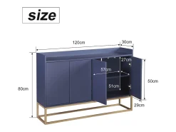 Aparador minimalista moderno de 120 cm con 4 puertas, estructura de metal y estantes ajustables – Azul y dorado