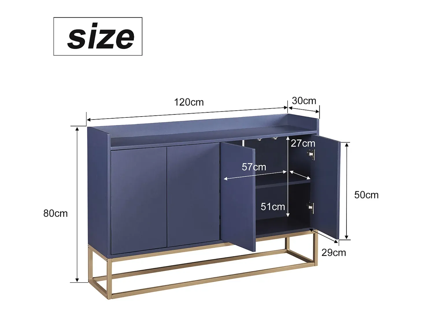 Aparador minimalista moderno de 120 cm con 4 puertas, estructura de metal y estantes ajustables – Azul y dorado