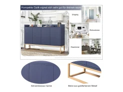 Aparador minimalista moderno de 120 cm con 4 puertas, estructura de metal y estantes ajustables – Azul y dorado
