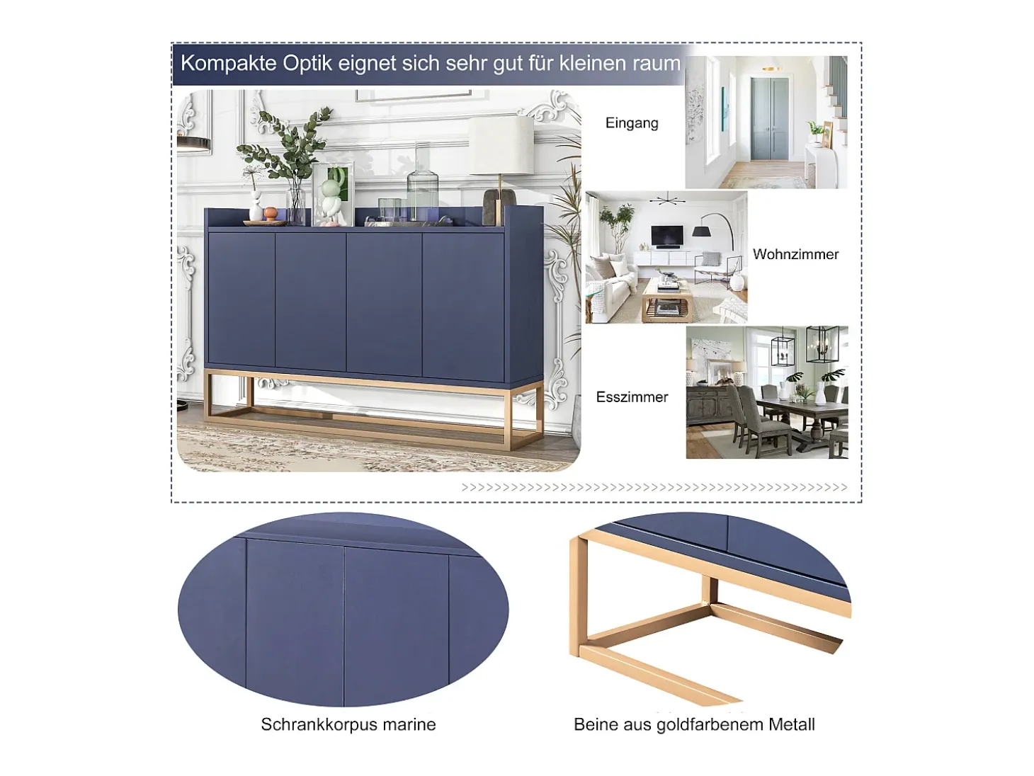 Aparador minimalista moderno de 120 cm con 4 puertas, estructura de metal y estantes ajustables – Azul y dorado