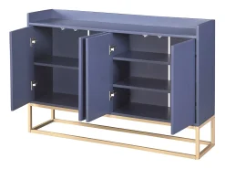 Aparador minimalista moderno de 120 cm con 4 puertas, estructura de metal y estantes ajustables – Azul y dorado