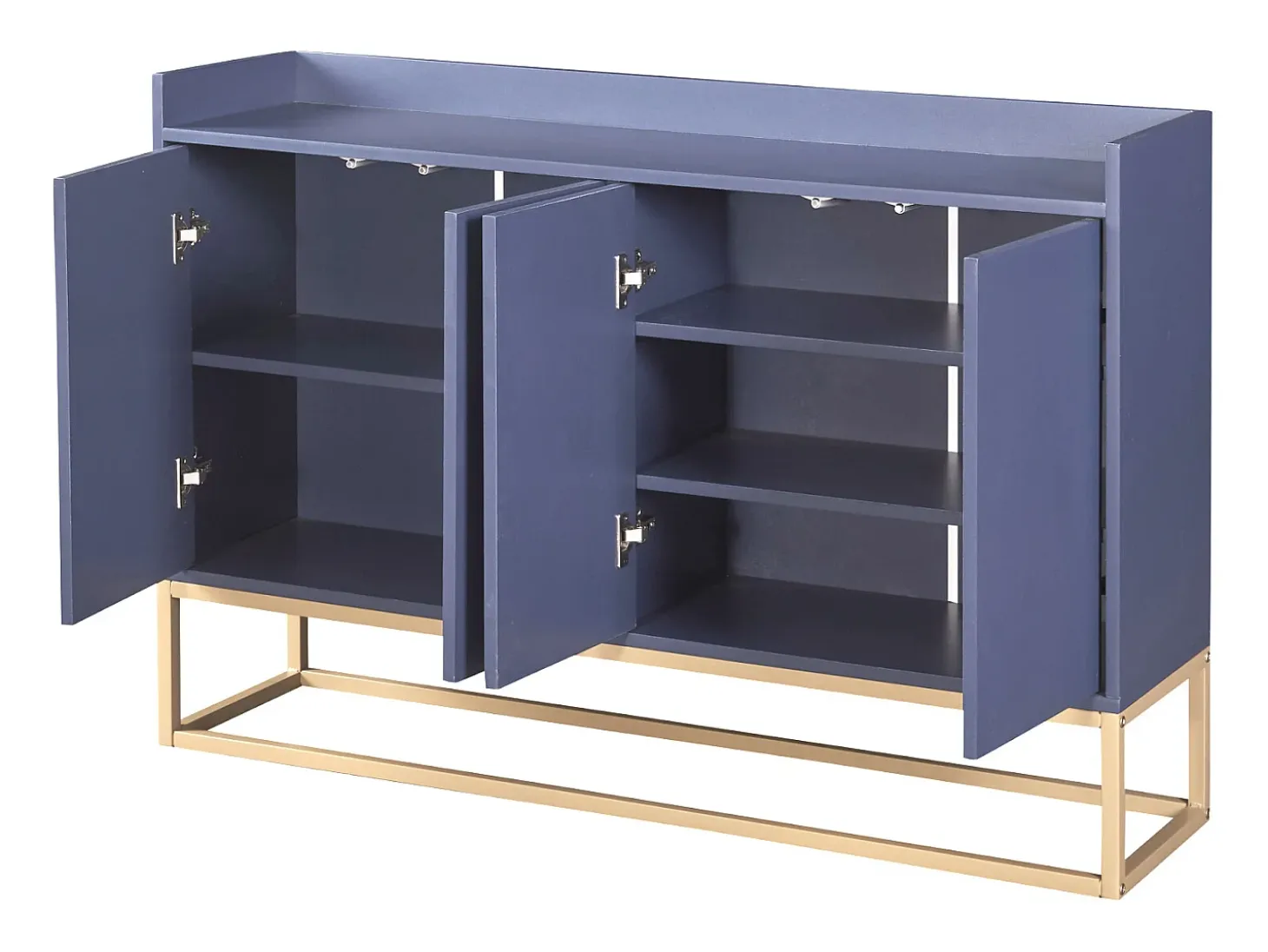 Aparador minimalista moderno de 120 cm con 4 puertas, estructura de metal y estantes ajustables – Azul y dorado