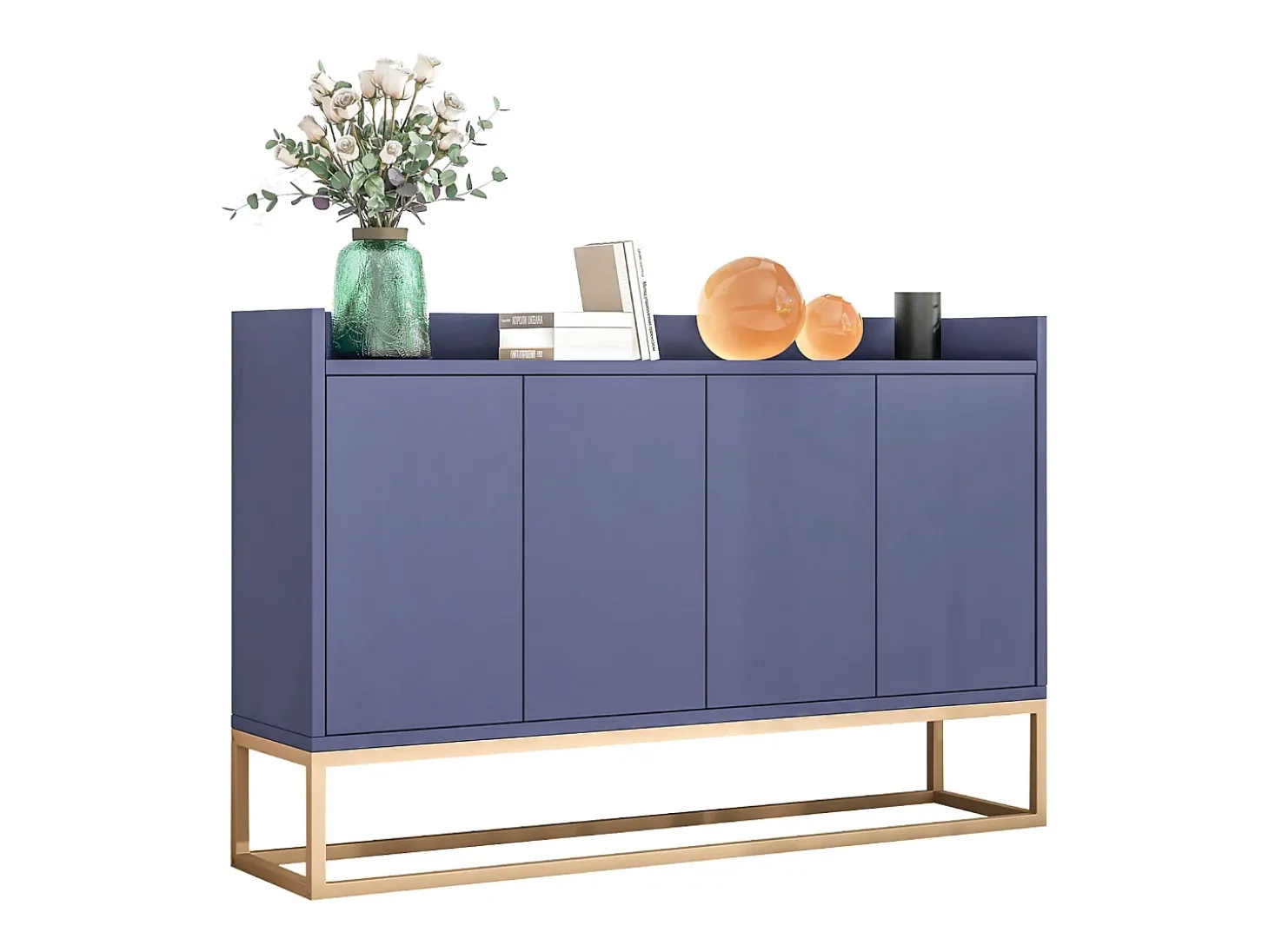 Aparador minimalista moderno de 120 cm con 4 puertas, estructura de metal y estantes ajustables – Azul y dorado