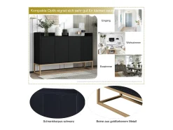 Aparador minimalista moderno de 120 cm con 4 puertas, estructura de metal y estantes ajustables – Negro y dorado