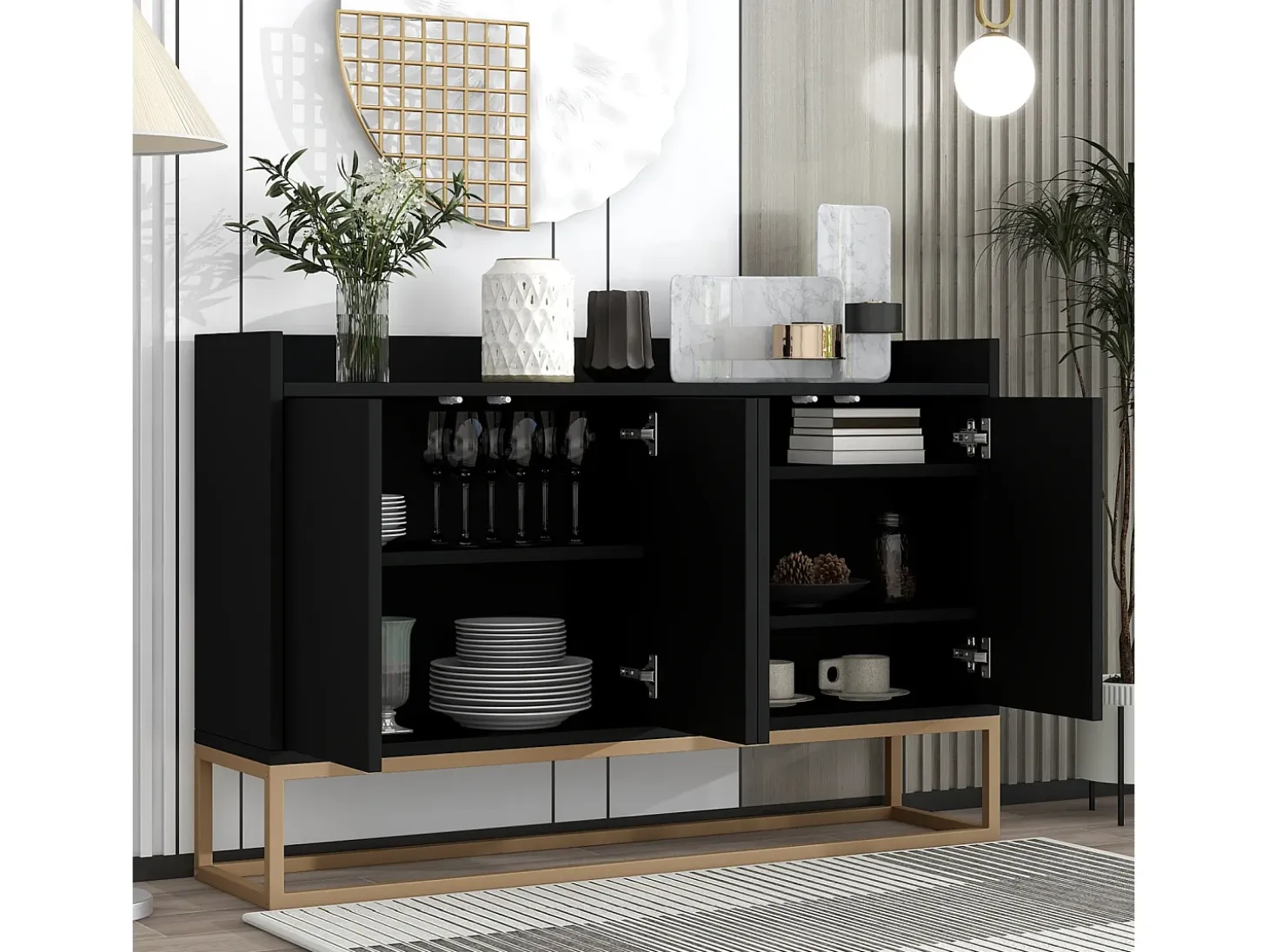 Aparador minimalista moderno de 120 cm con 4 puertas, estructura de metal y estantes ajustables – Negro y dorado