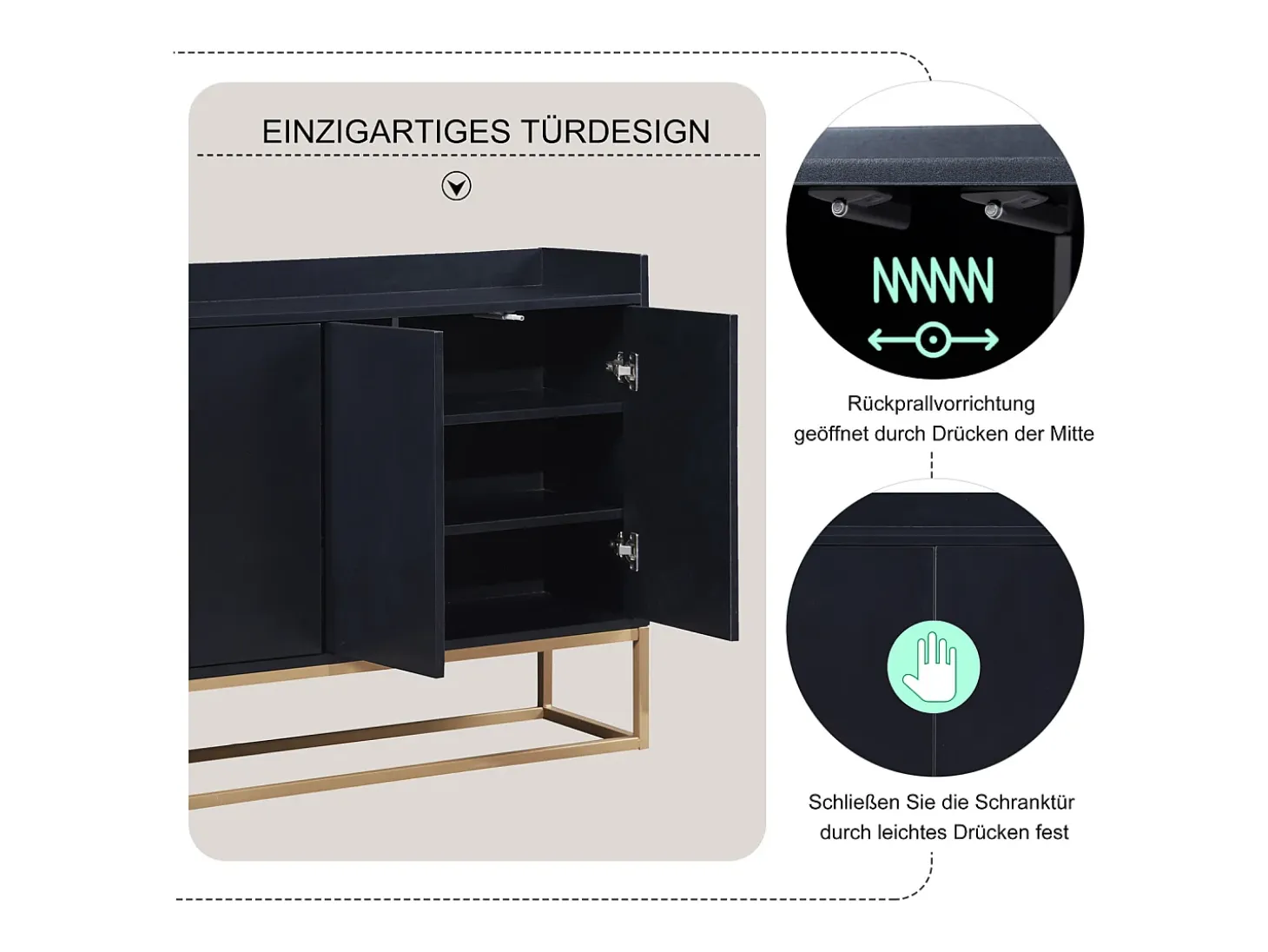Aparador minimalista moderno de 120 cm con 4 puertas, estructura de metal y estantes ajustables – Negro y dorado