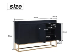 Aparador minimalista moderno de 120 cm con 4 puertas, estructura de metal y estantes ajustables – Negro y dorado