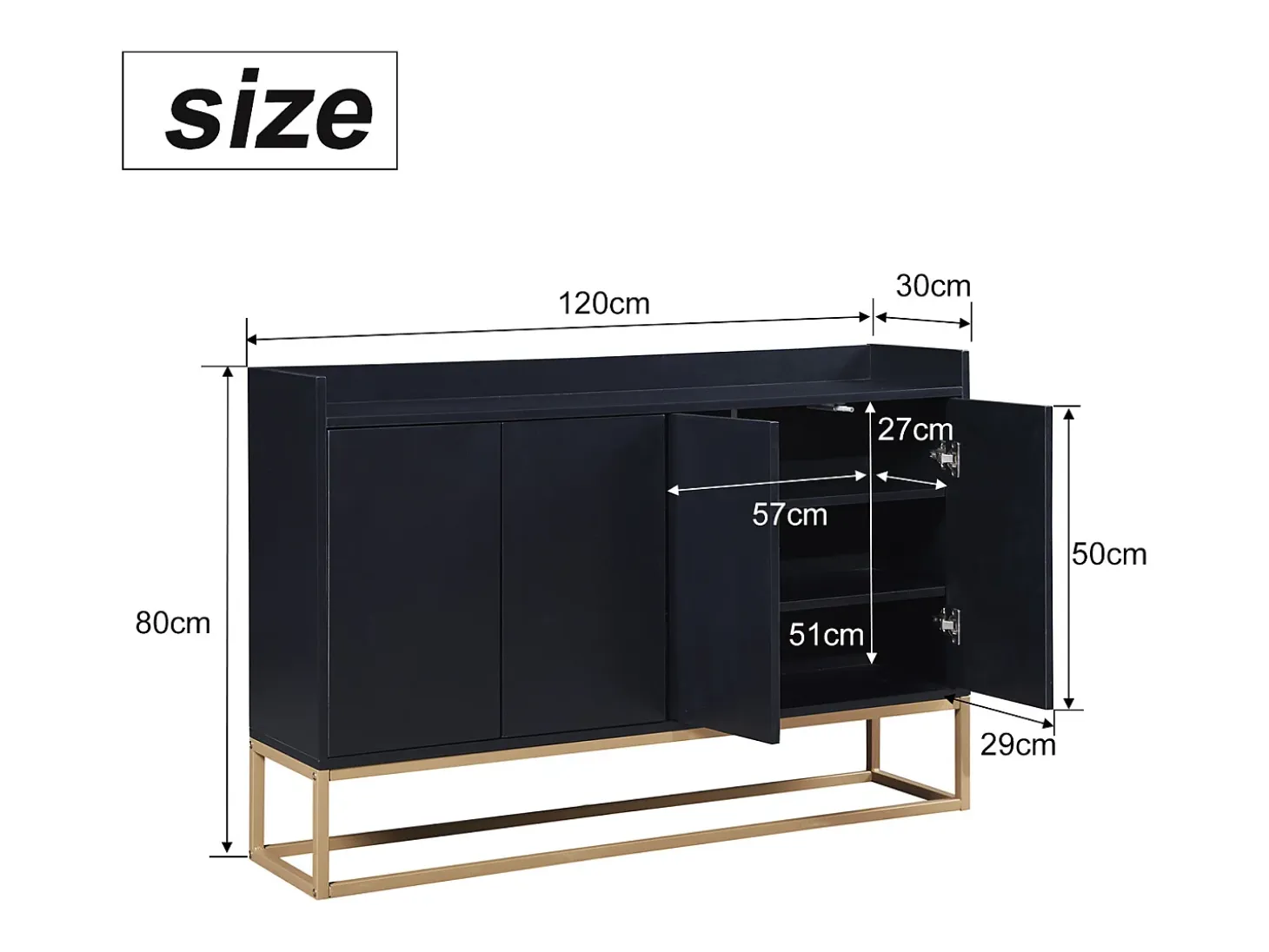 Aparador minimalista moderno de 120 cm con 4 puertas, estructura de metal y estantes ajustables – Negro y dorado