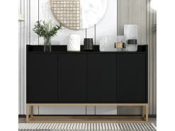 Aparador minimalista moderno de 120 cm con 4 puertas, estructura de metal y estantes ajustables – Negro y dorado