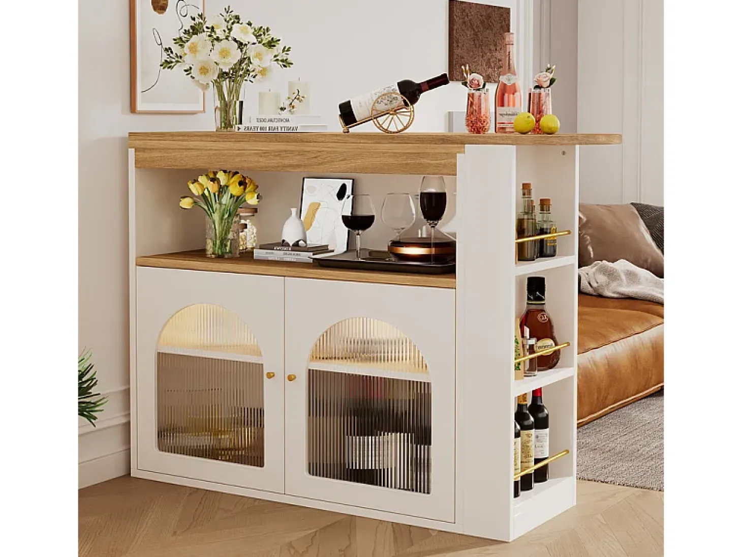 Aparador, Mueble bar giratorio y retráctil con LED - gran espacio de almacenamiento - estilo contemporáneo - Blanco
