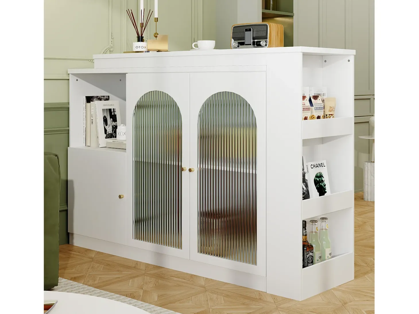 Aparador, Mueble bar giratorio de MDF - gran espacio de almacenamiento - estilo contemporáneo - Blanco