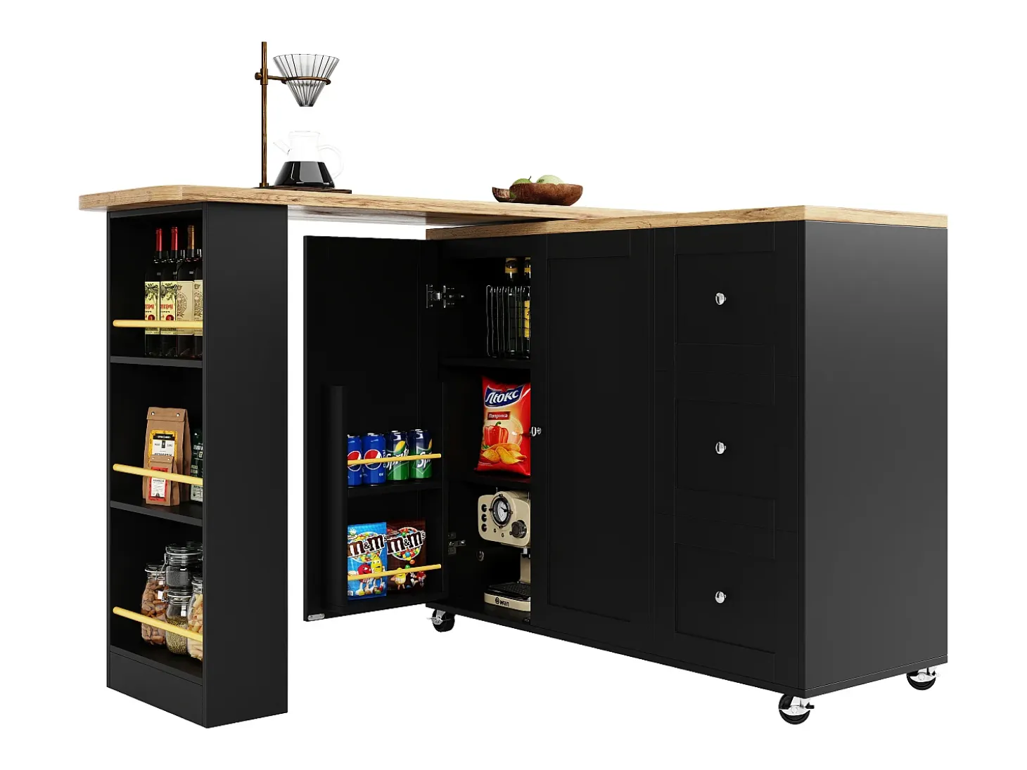 Aparador, mueble bar giratorio - MDF - 3 cajones y 2 puertas - Negro