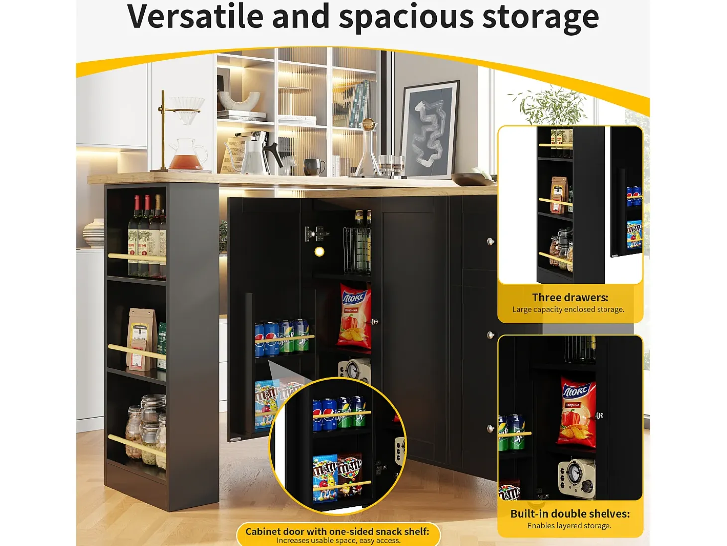 Aparador, mueble bar giratorio - MDF - 3 cajones y 2 puertas - Negro