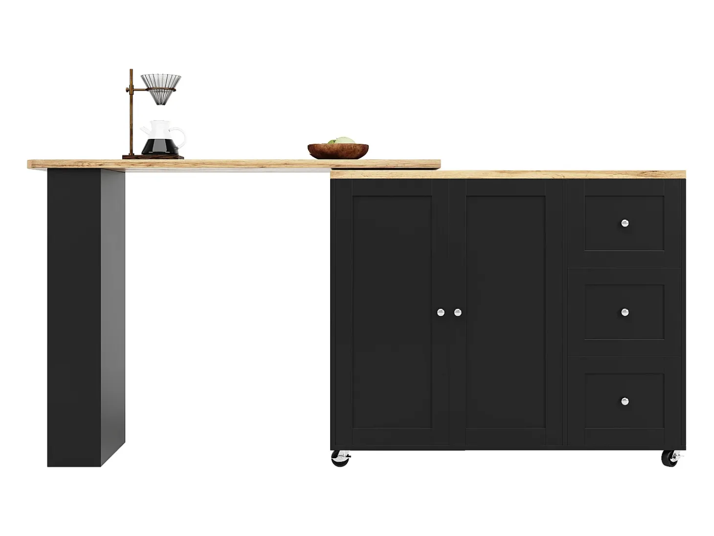 Aparador, mueble bar giratorio - MDF - 3 cajones y 2 puertas - Negro