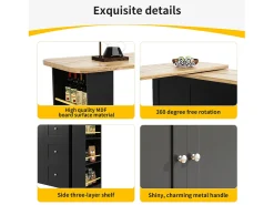 Aparador, mueble bar giratorio - MDF - 3 cajones y 2 puertas - Negro