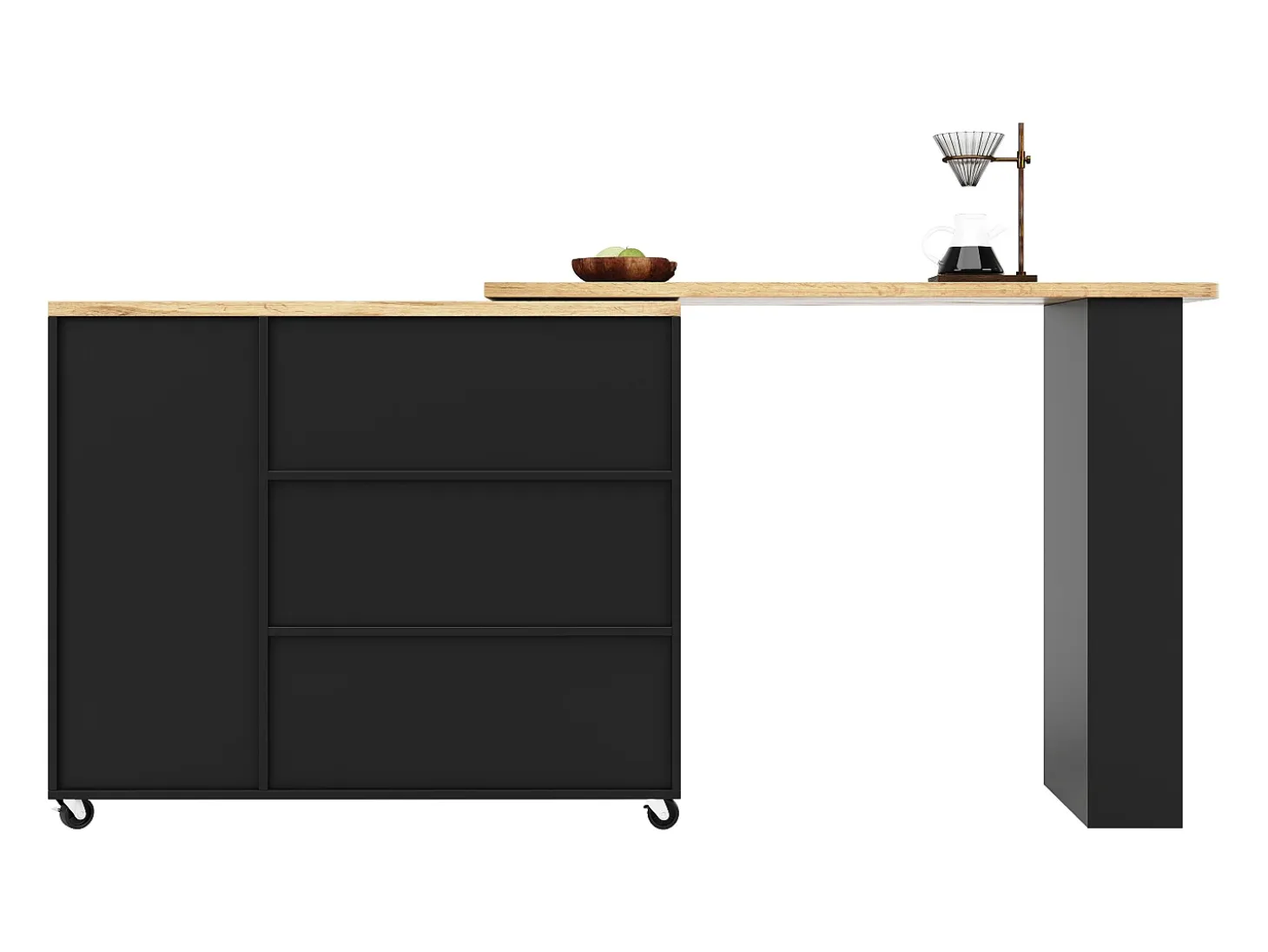 Aparador, mueble bar giratorio - MDF - 3 cajones y 2 puertas - Negro