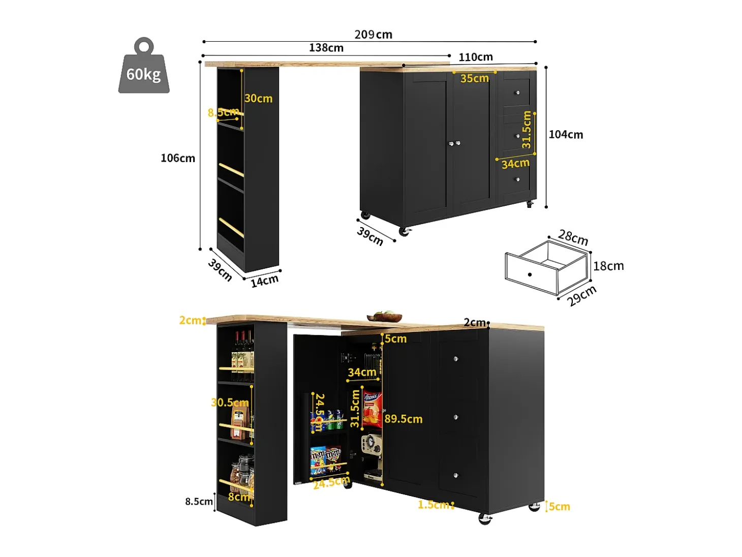 Aparador, mueble bar giratorio - MDF - 3 cajones y 2 puertas - Negro