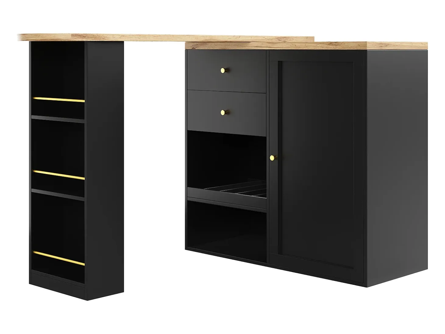 Aparador, Mueble bar giratorio y retráctil - 2 cajones y 6 compartimentos - Negro