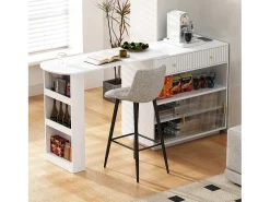 Aparador/bar extensible giratorio - 120 x 50 x 95,5 cm - con puerta + estantes + LED + 2 cajones - MDF - blanco