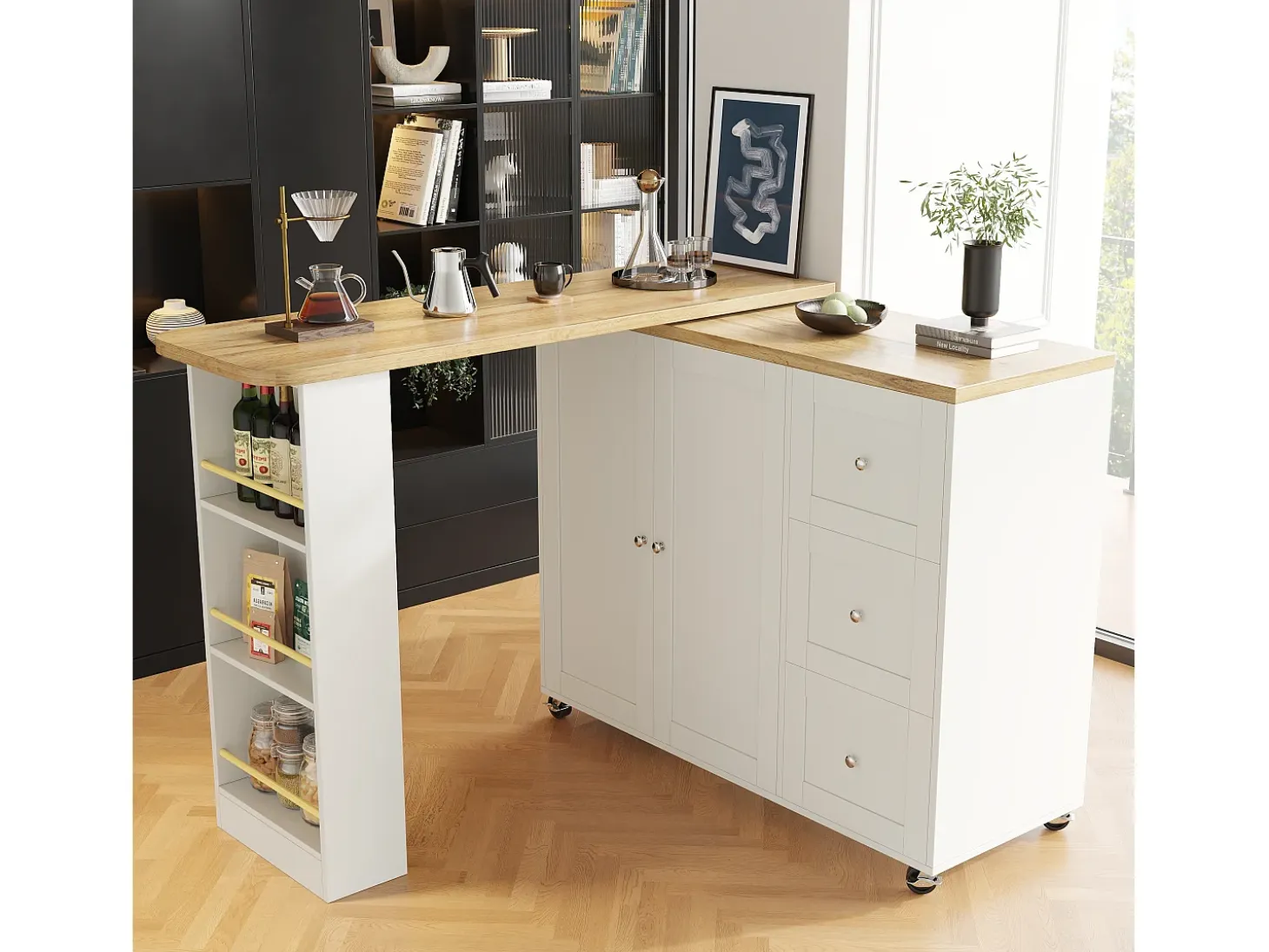 Aparador、Mueble bar giratorio - MDF - 3 cajones y 2 puertas - Blanco