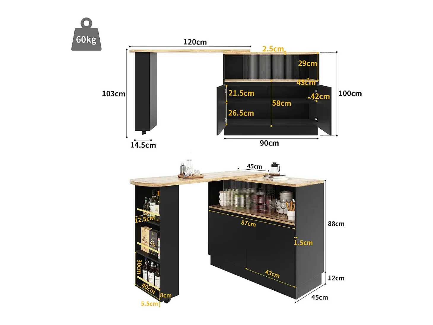 Aparador、Mueble bar giratorio y retráctil en MDF - gran espacio de almacenamiento - estilo contemporáneo - Negro
