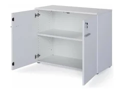 Armario bajo con puertas acabado blanco, 77.6 cm(alto)93 cm(ancho)42.5 cm(fondo).