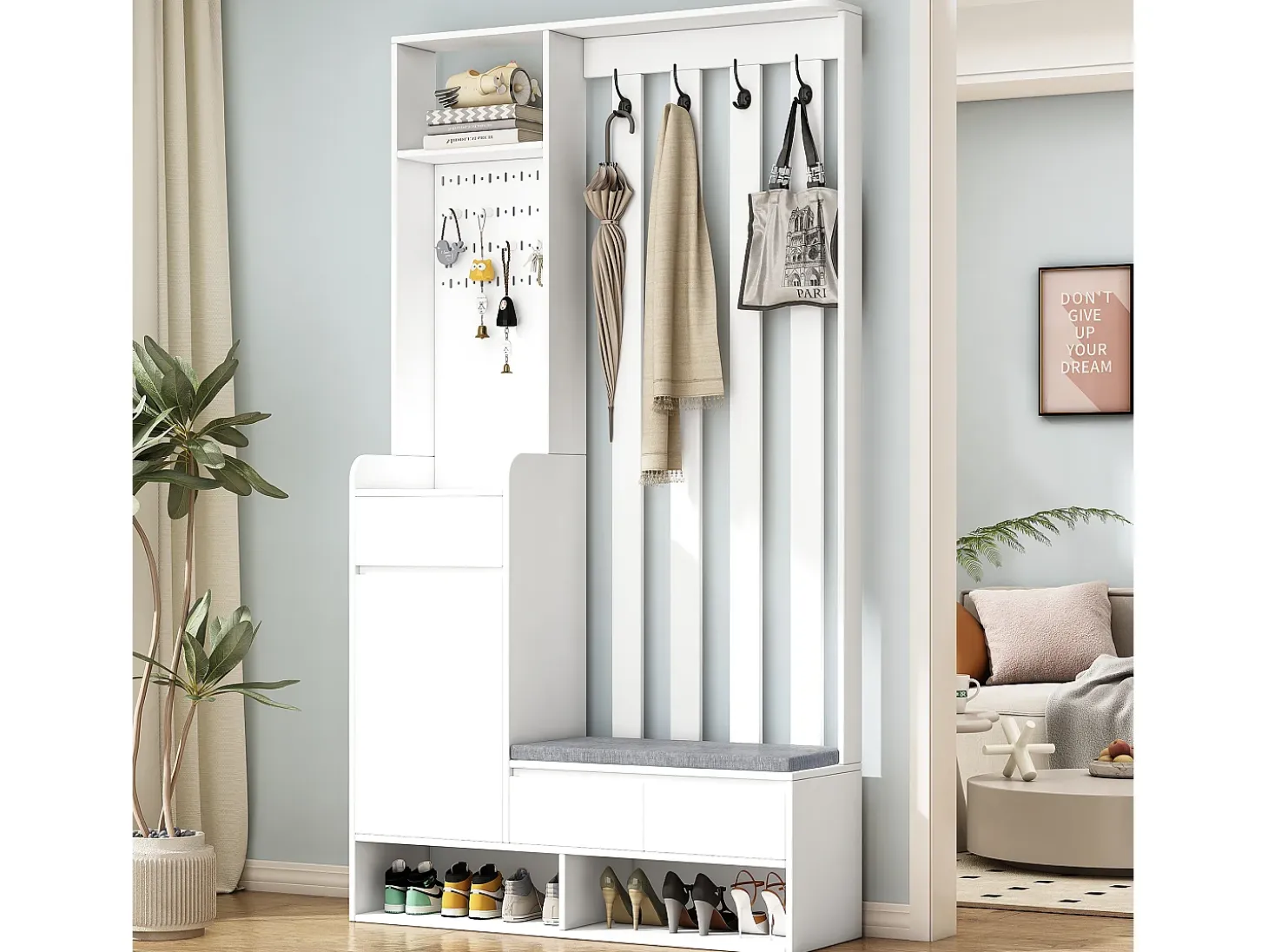 Armario blanco con 3 cajones, 1 puerta, 4 ganchos y tablero perforado, 100 x 35 x 180 cm
