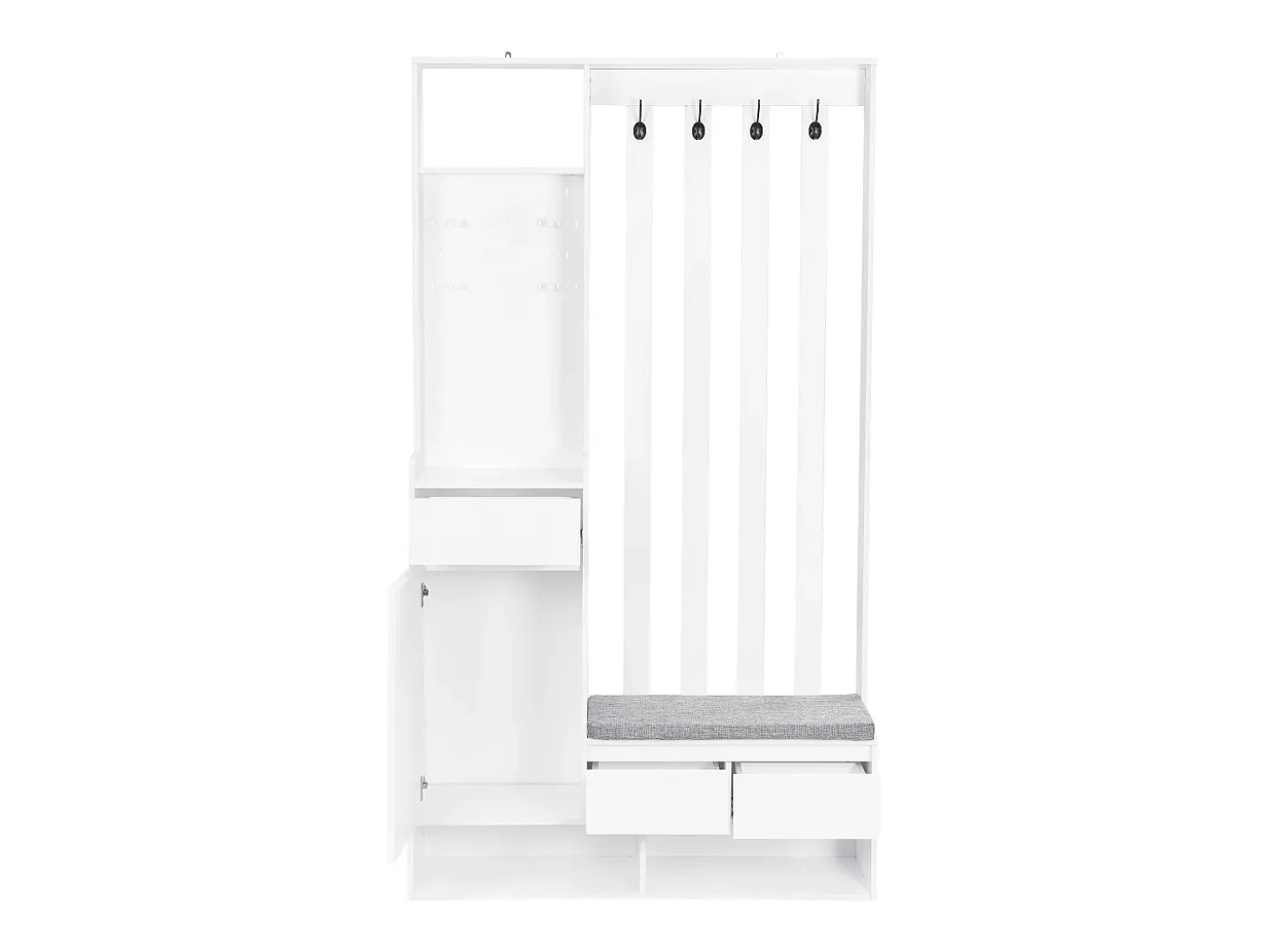 Armario blanco con 3 cajones, 1 puerta, 4 ganchos y tablero perforado, 100 x 35 x 180 cm